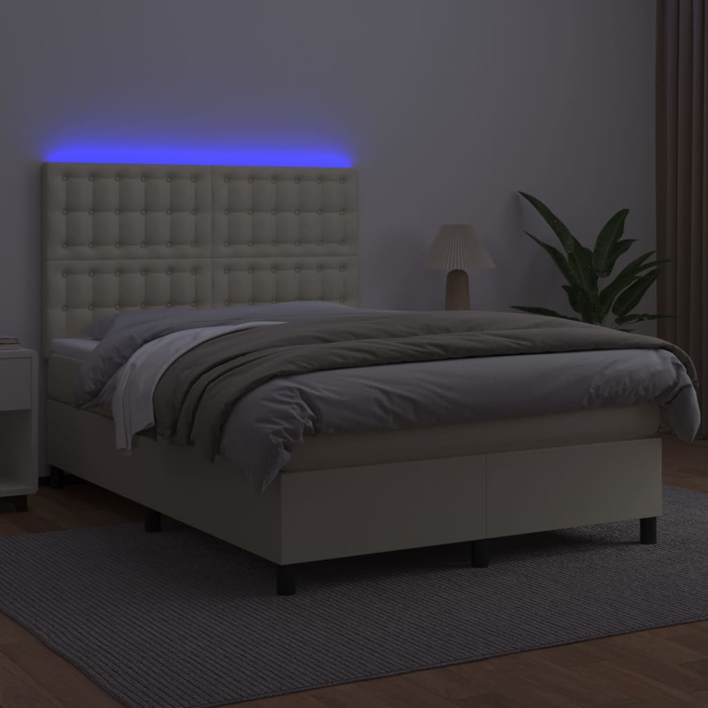 vidaXL Κρεβάτι Boxspring με Στρώμα & LED Κρεμ 140x200 εκ. Συνθ. Δέρμα
