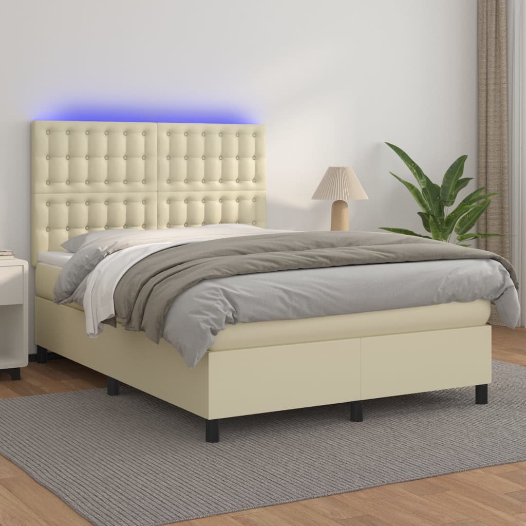 vidaXL Κρεβάτι Boxspring με Στρώμα & LED Κρεμ 140x200 εκ. Συνθ. Δέρμα