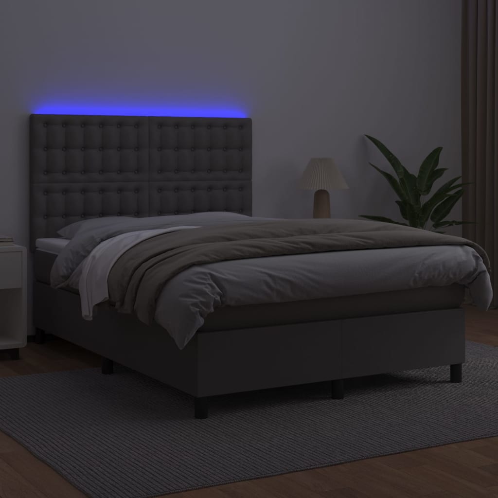 vidaXL Κρεβάτι Boxspring με Στρώμα & LED Γκρι 140x200 εκ. Συνθ. Δέρμα