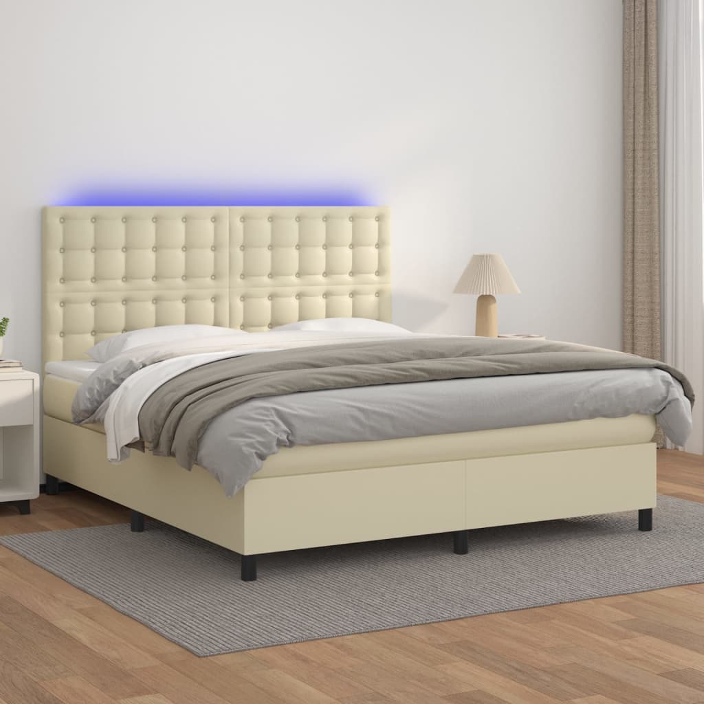 vidaXL Κρεβάτι Boxspring με Στρώμα & LED Κρεμ 180x200 εκ. Συνθ. Δέρμα