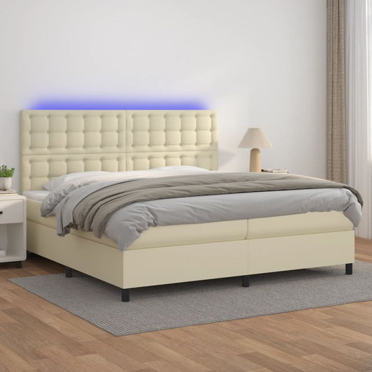 vidaXL Κρεβάτι Boxspring με Στρώμα & LED Κρεμ 200x200 εκ. Συνθ. Δέρμα