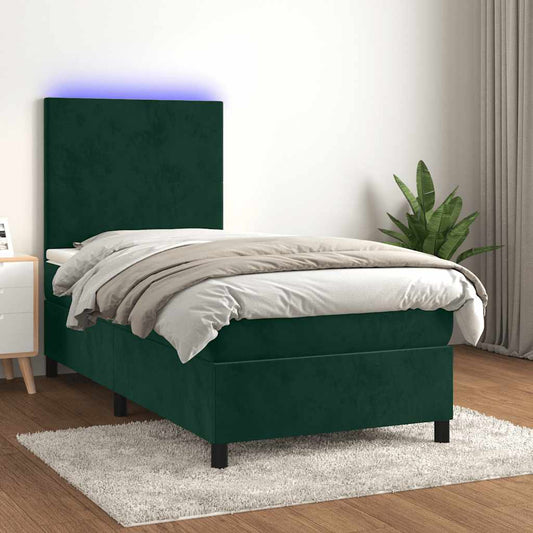vidaXL Κρεβάτι Boxspring με Στρώμα & LED Σκ. Πράσινο 80x200 εκ Βελούδο