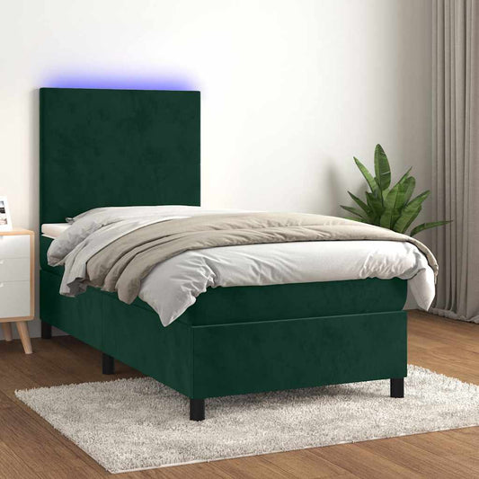 vidaXL Κρεβάτι Boxspring με Στρώμα & LED Σκ. Πράσινο 90x190 εκ Βελούδο