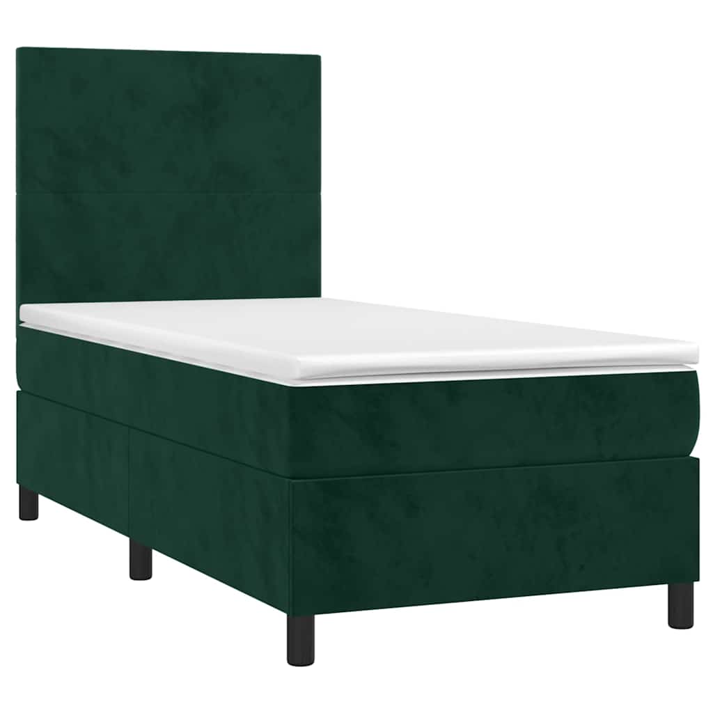 vidaXL Κρεβάτι Boxspring με Στρώμα & LED Σκ. Πράσινο 90x200 εκ Βελούδο