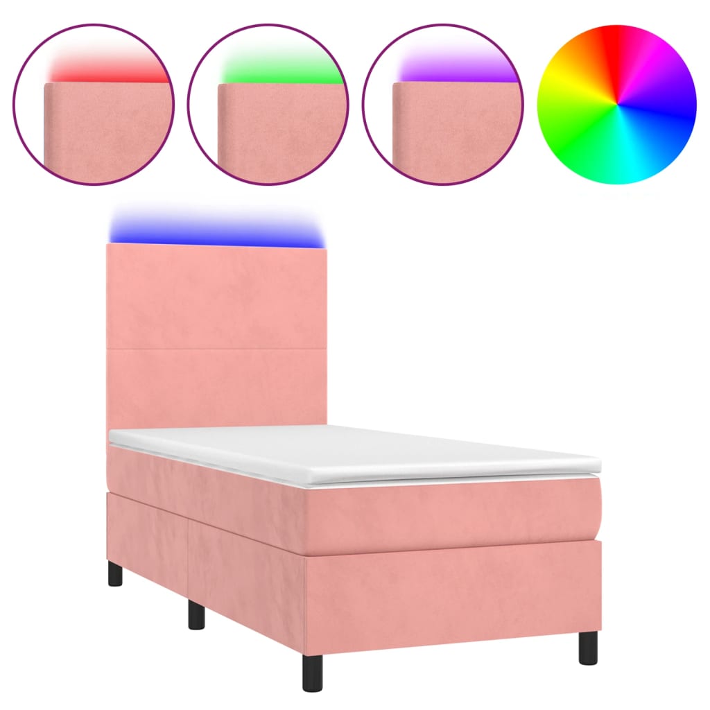 vidaXL Κρεβάτι Boxspring με Στρώμα & LED Ροζ 90x200 εκ. Βελούδινο