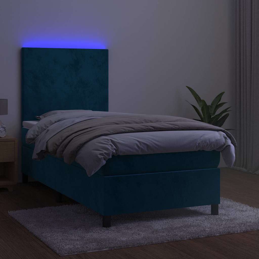 vidaXL Κρεβάτι Boxspring με Στρώμα & LED Σκ. Μπλε 100x200εκ. Βελούδινο