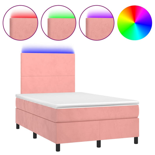 vidaXL Κρεβάτι Boxspring με Στρώμα & LED Ροζ 120x200 εκ. Βελούδινο