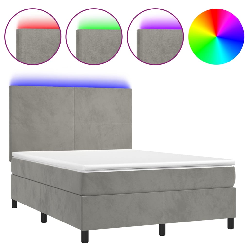 vidaXL Κρεβάτι Boxspring με Στρώμα&LED Αν. Γκρι 140x190 εκ. Βελούδινο
