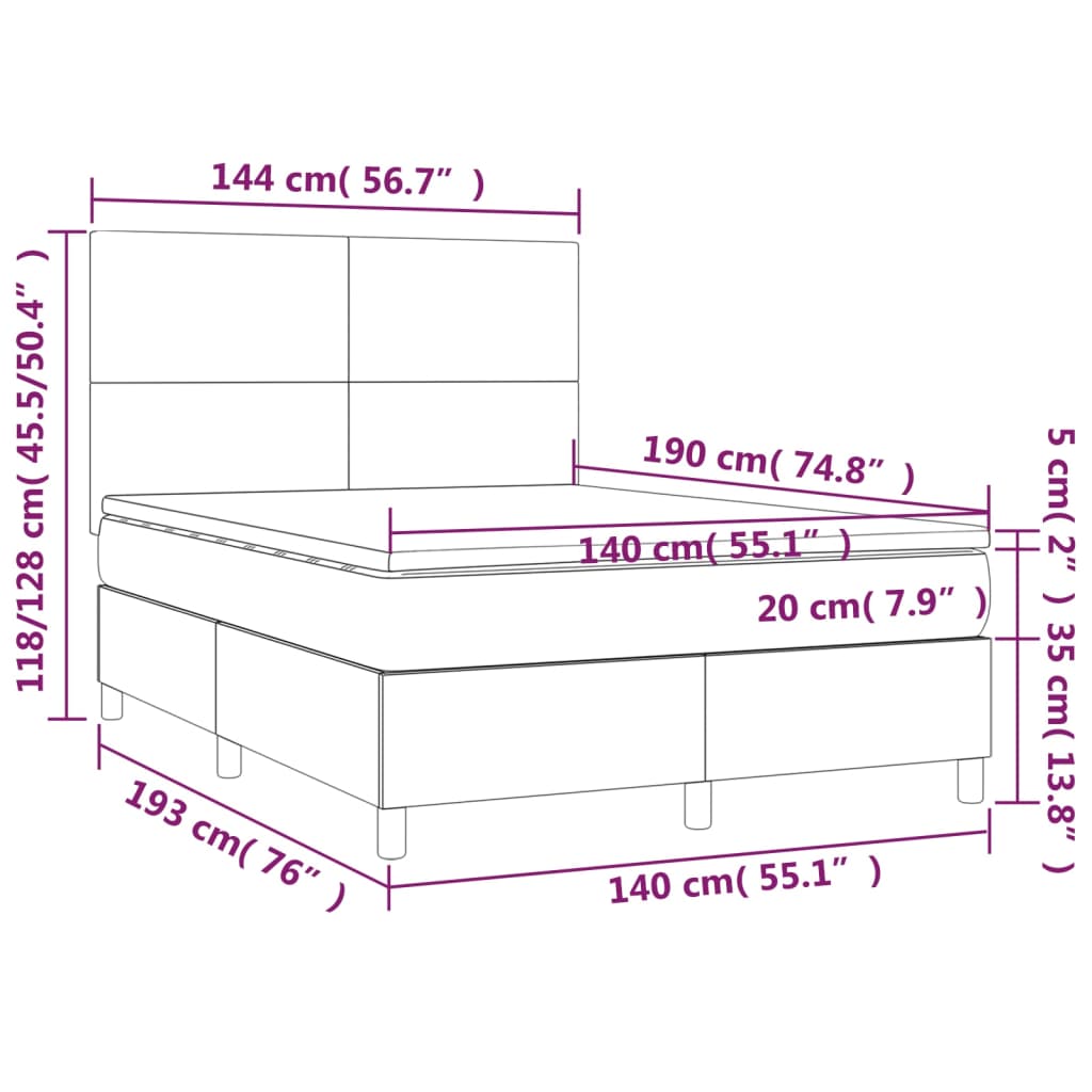 vidaXL Κρεβάτι Boxspring με Στρώμα&LED Αν. Γκρι 140x190 εκ. Βελούδινο
