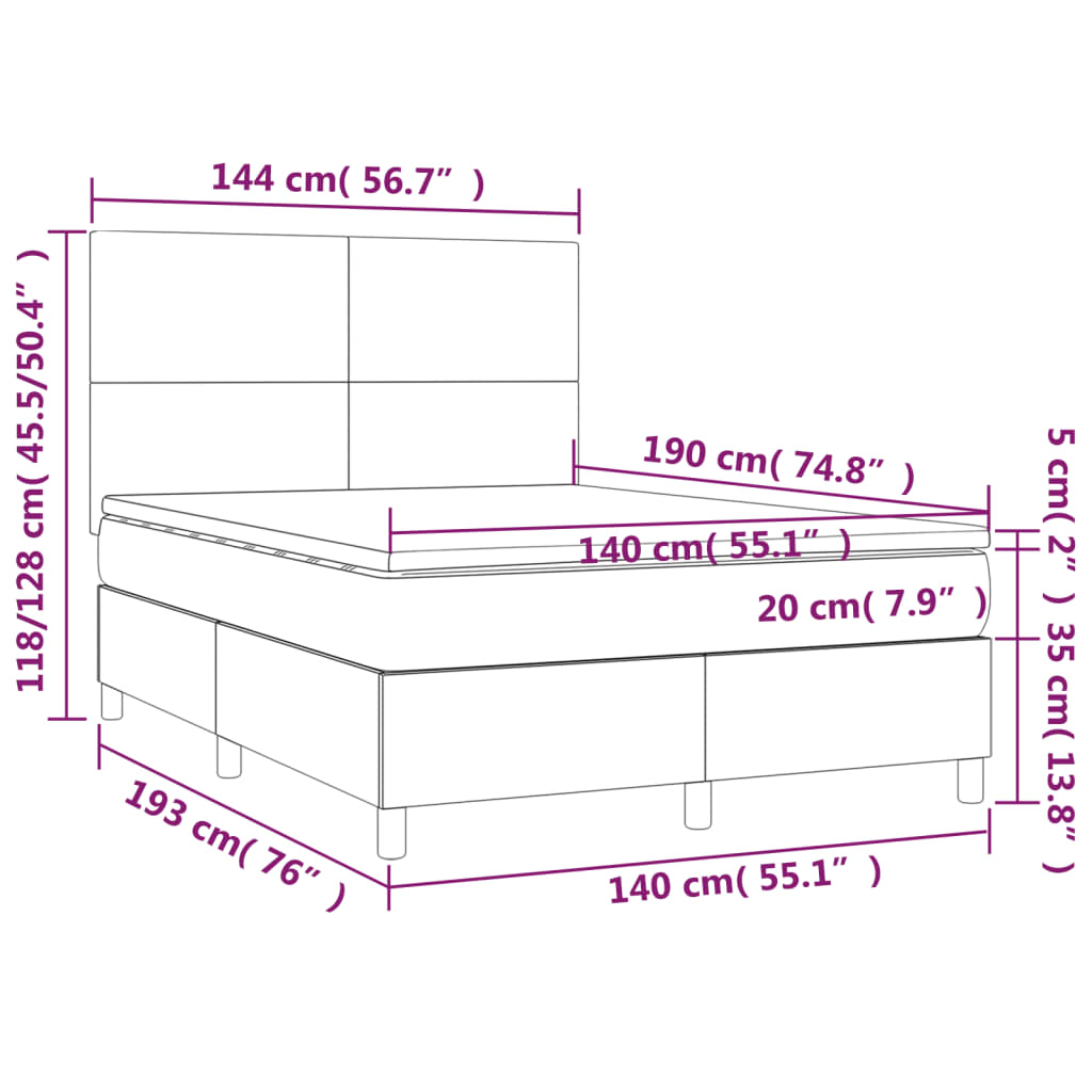 vidaXL Κρεβάτι Boxspring με Στρώμα & LED Σκ. Πράσινο 140x190εκ Βελούδο