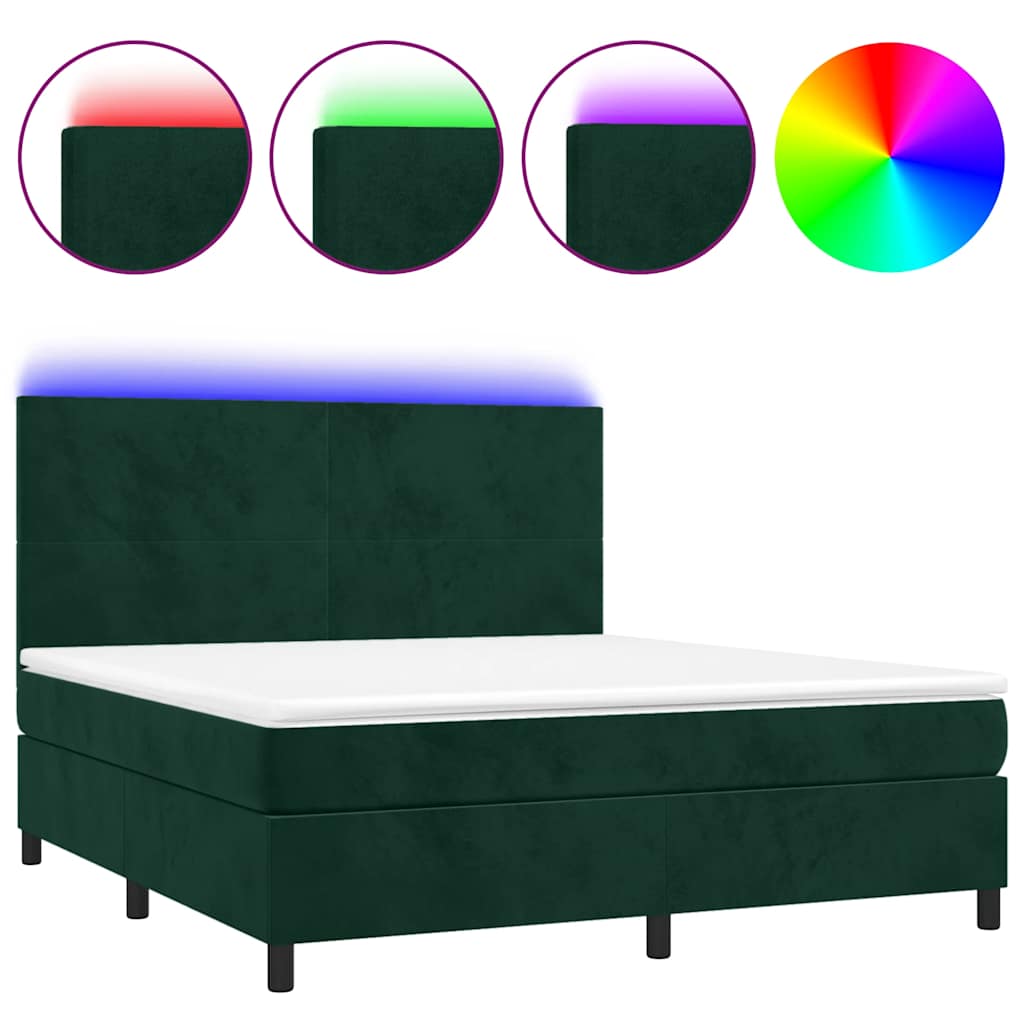 vidaXL Κρεβάτι Boxspring με Στρώμα & LED Σκ. Πράσινο 160x200εκ Βελούδο