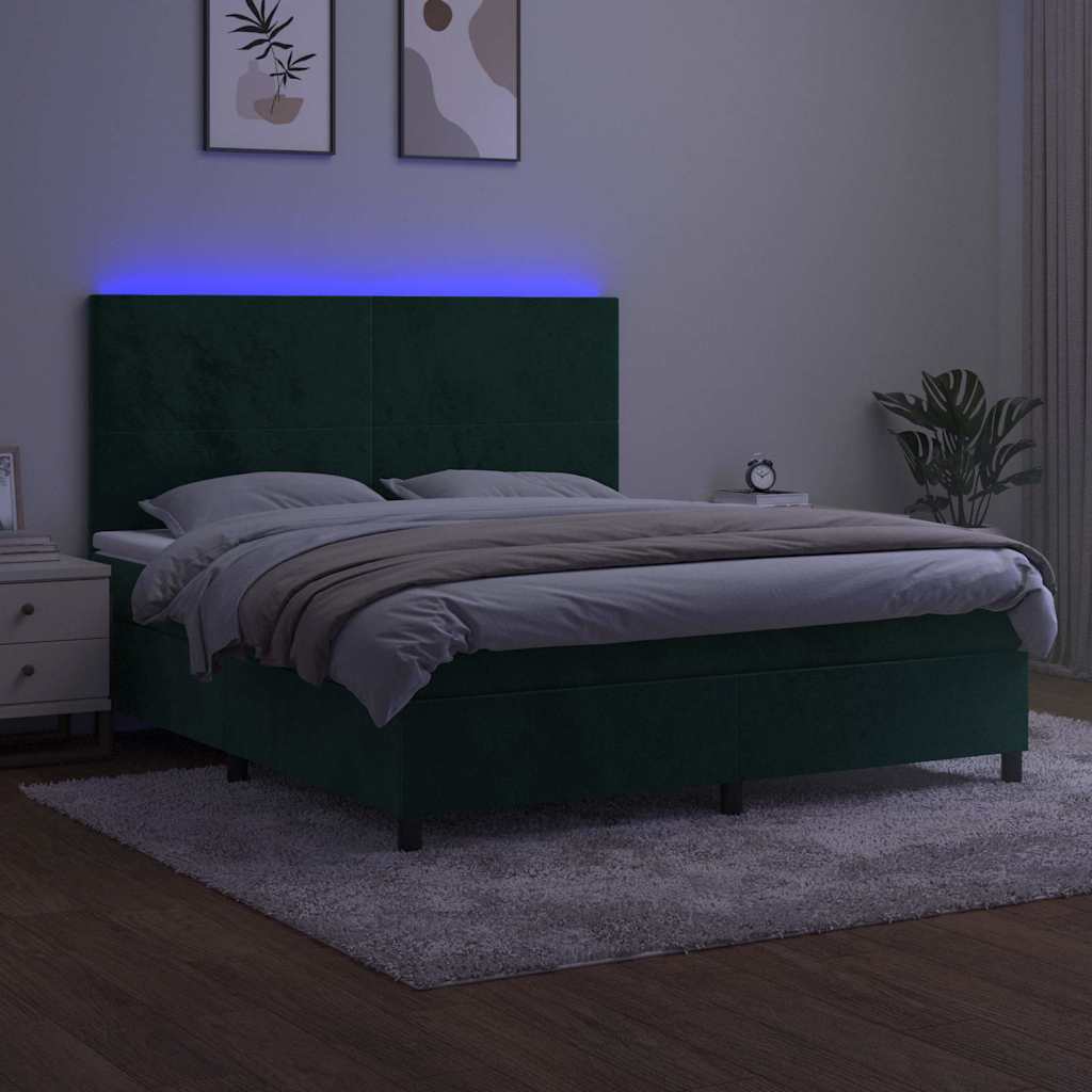 vidaXL Κρεβάτι Boxspring με Στρώμα & LED Σκ. Πράσινο 160x200εκ Βελούδο