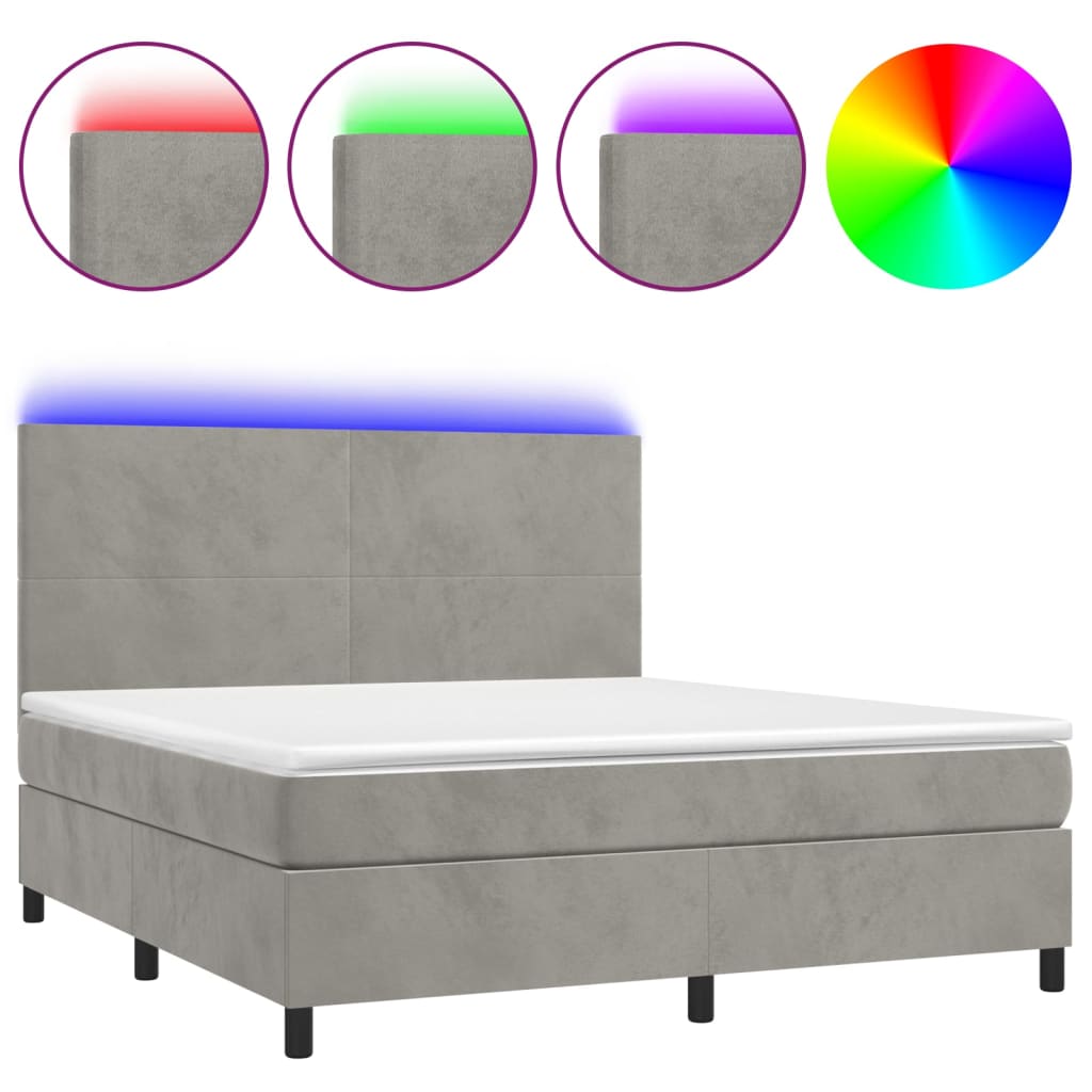 vidaXL Κρεβάτι Boxspring με Στρώμα & LED Αν.Γκρι 180x200 εκ. Βελούδινο