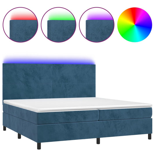 vidaXL Κρεβάτι Boxspring με Στρώμα & LED Σκ. Μπλε 200x200εκ. Βελούδινο
