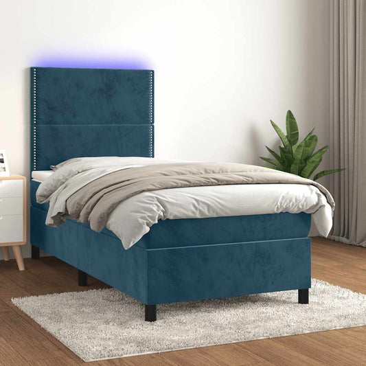 vidaXL Κρεβάτι Boxspring με Στρώμα & LED Σκ. Μπλε 90x190 εκ. Βελούδινο