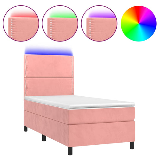 vidaXL Κρεβάτι Boxspring με Στρώμα & LED Ροζ 90x190 εκ. Βελούδινο
