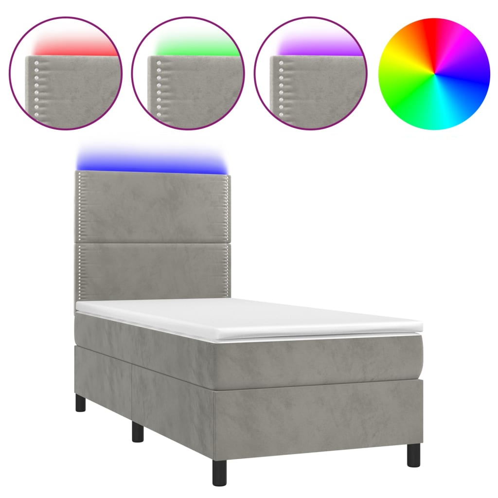 vidaXL Κρεβάτι Boxspring με Στρώμα & LED Αν.Γκρι 100x200 εκ. Βελούδινο