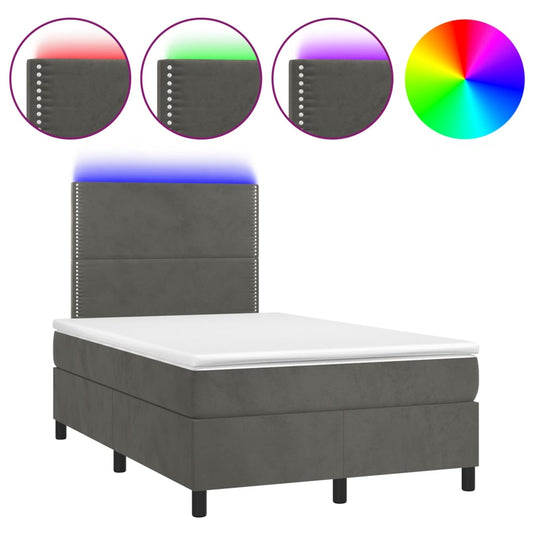 vidaXL Κρεβάτι Boxspring με Στρώμα & LED Σκ. Γκρι 120x200εκ. Βελούδινο