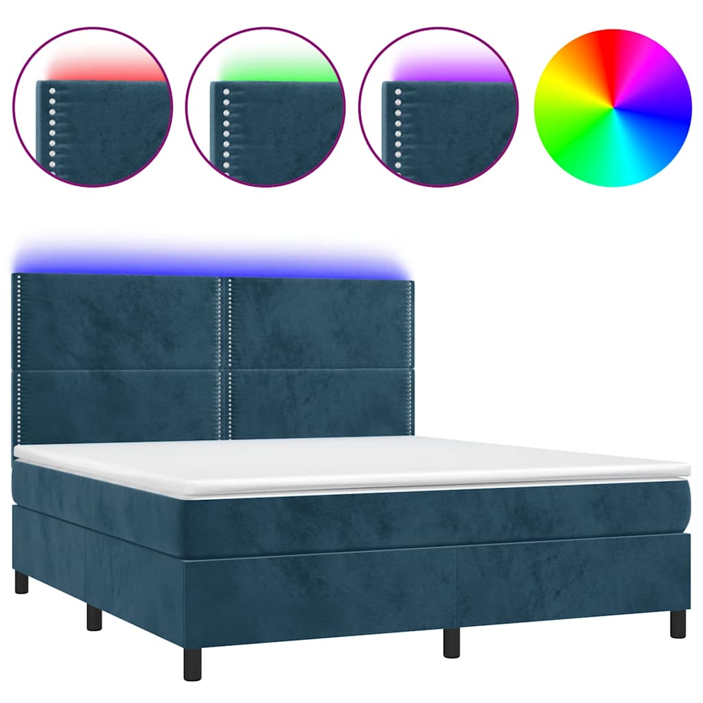 vidaXL Κρεβάτι Boxspring με Στρώμα & LED Σκ. Μπλε 160x200εκ. Βελούδινο
