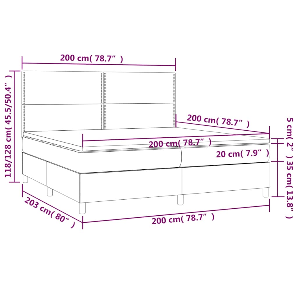 vidaXL Κρεβάτι Boxspring με Στρώμα & LED Σκ. Πράσινο 200x200εκ Βελούδο