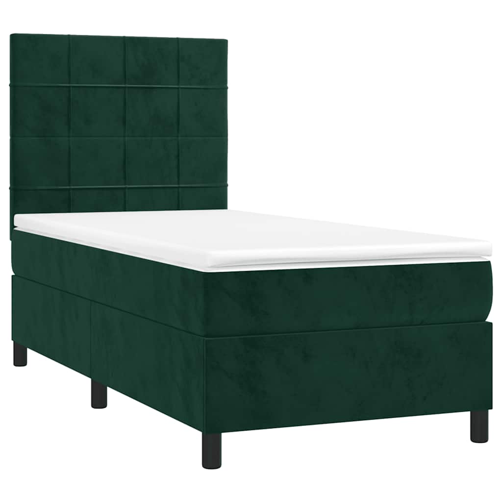 vidaXL Κρεβάτι Boxspring με Στρώμα & LED Σκ. Πράσινο 90x200 εκ Βελούδο