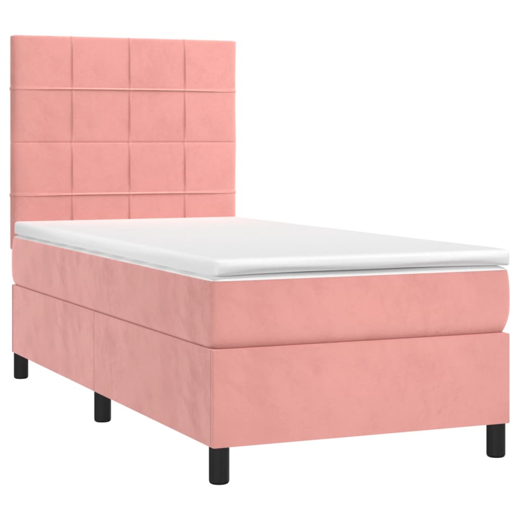 vidaXL Κρεβάτι Boxspring με Στρώμα & LED Ροζ 90x200 εκ. Βελούδινο