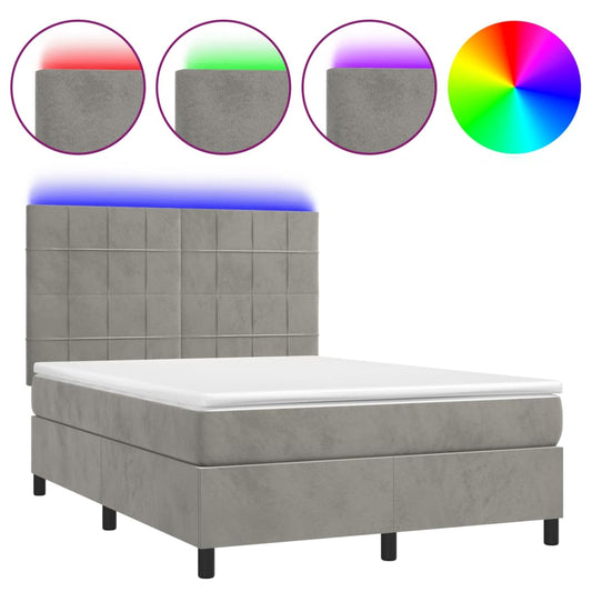 vidaXL Κρεβάτι Boxspring με Στρώμα&LED Αν. Γκρι 140x190 εκ. Βελούδινο