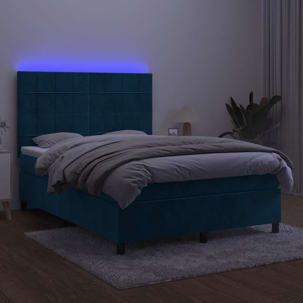 vidaXL Κρεβάτι Boxspring με Στρώμα & LED Σκ. Μπλε 140x190εκ. Βελούδινο