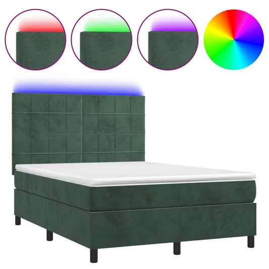 vidaXL Κρεβάτι Boxspring με Στρώμα & LED Σκ. Πράσινο 140x200εκ Βελούδο