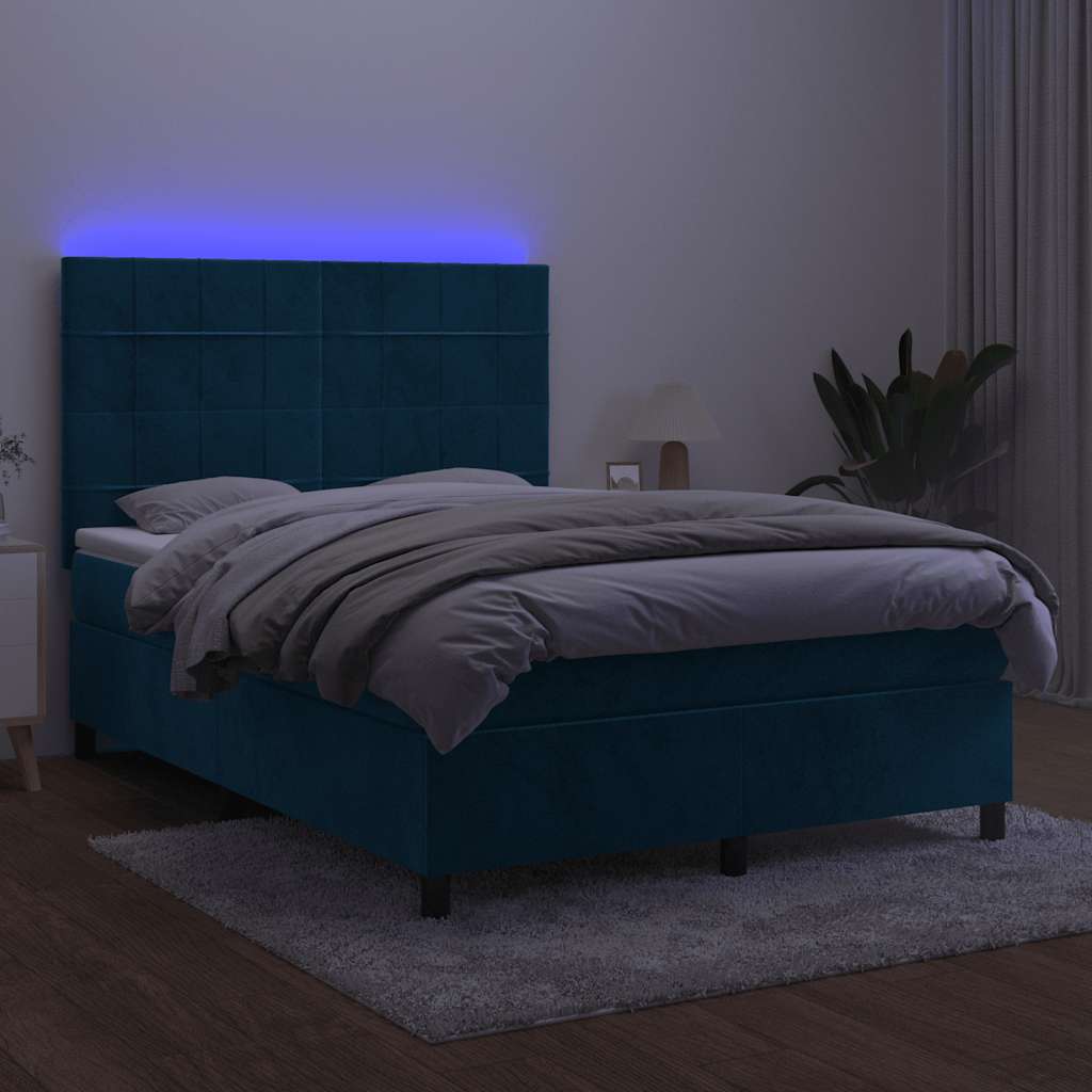 vidaXL Κρεβάτι Boxspring με Στρώμα & LED Σκ. Μπλε 140x200εκ. Βελούδινο