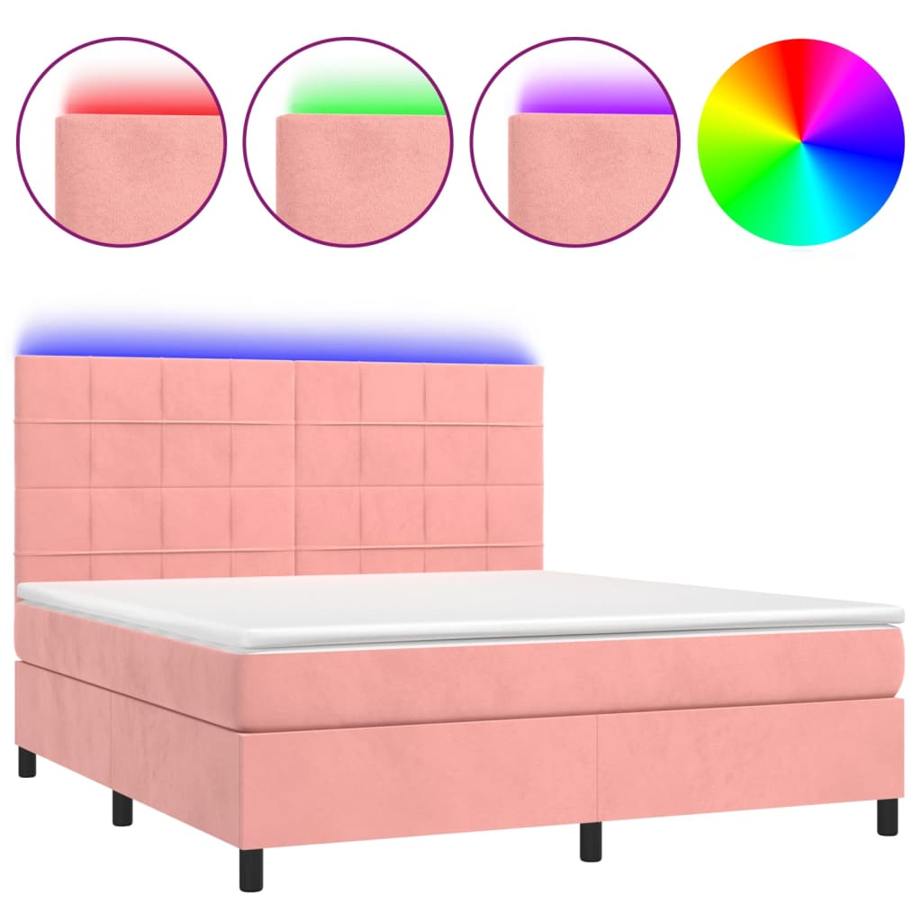 vidaXL Κρεβάτι Boxspring με Στρώμα & LED Ροζ 160x200 εκ. Βελούδινο
