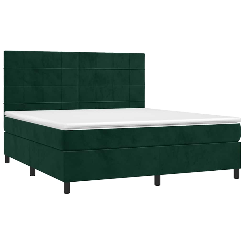 vidaXL Κρεβάτι Boxspring με Στρώμα & LED Σκ. Πράσινο 180x200εκ Βελούδο
