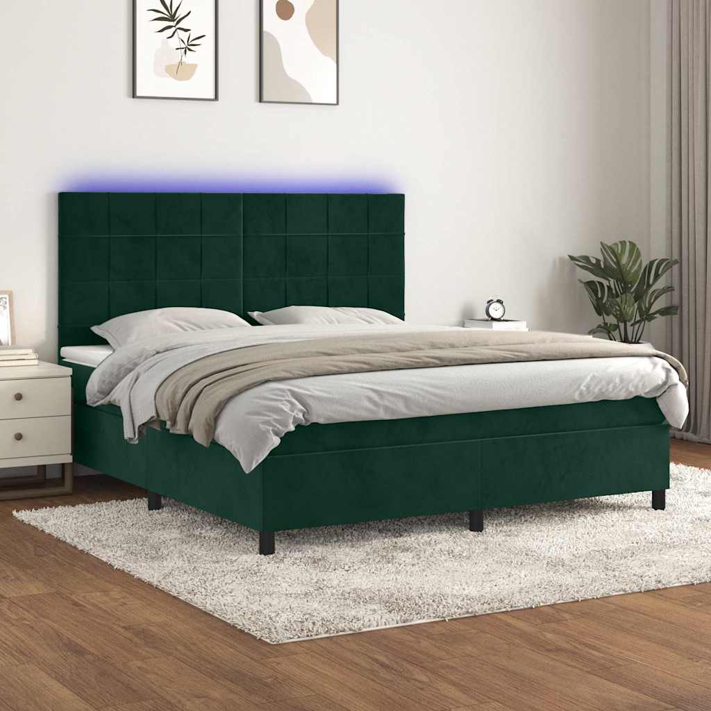 vidaXL Κρεβάτι Boxspring με Στρώμα & LED Σκ. Πράσινο 180x200εκ Βελούδο