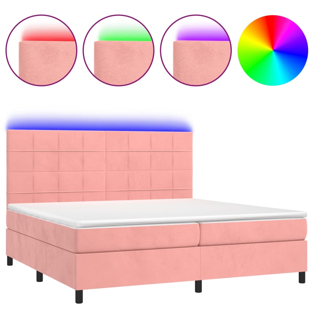 vidaXL Κρεβάτι Boxspring με Στρώμα & LED Ροζ 200x200 εκ. Βελούδινο