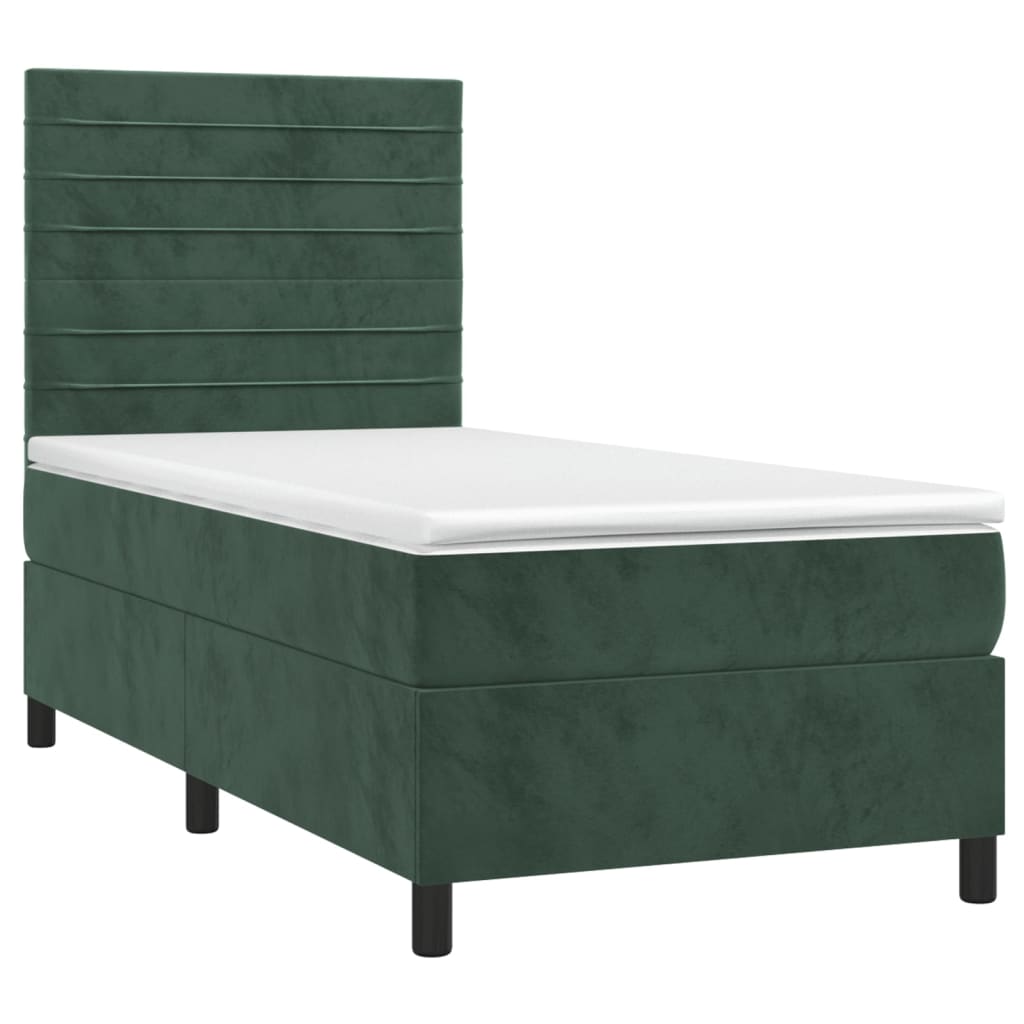 vidaXL Κρεβάτι Boxspring με Στρώμα & LED Σκ. Πράσινο 90x200 εκ Βελούδο