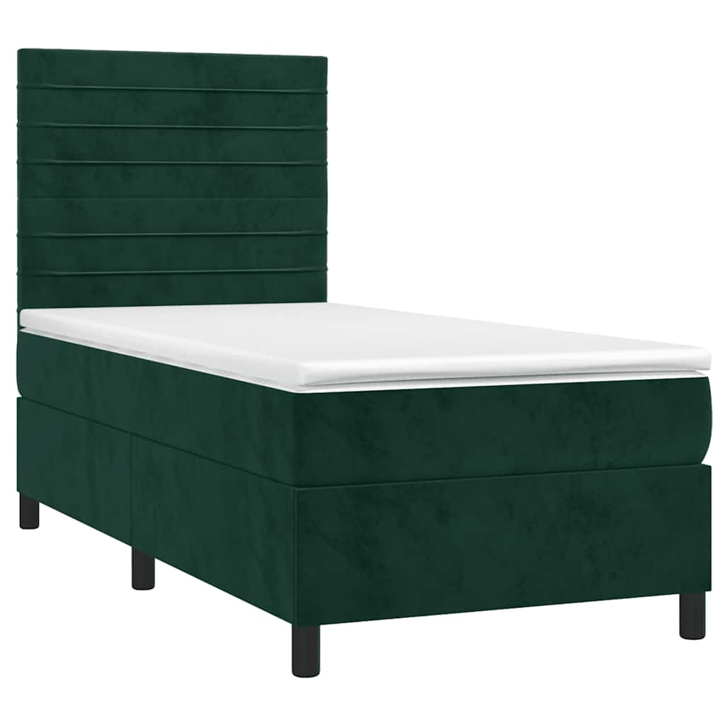 vidaXL Κρεβάτι Boxspring με Στρώμα & LED Σκ. Πράσινο 100x200εκ Βελούδο