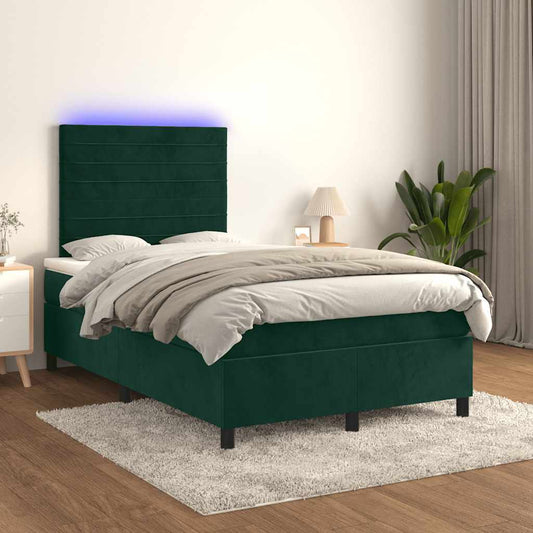 vidaXL Κρεβάτι Boxspring με Στρώμα & LED Σκ. Πράσινο 120x200εκ Βελούδο