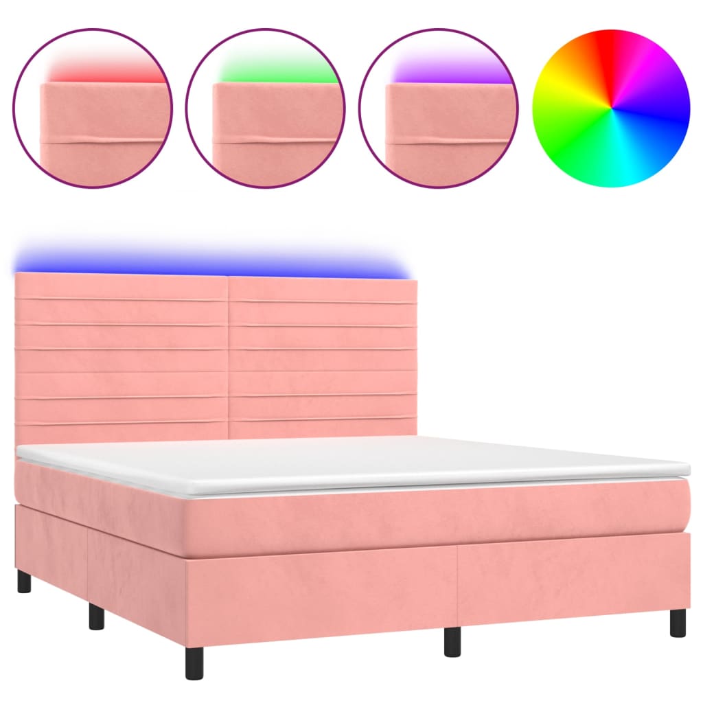 vidaXL Κρεβάτι Boxspring με Στρώμα & LED Ροζ 160x200 εκ. Βελούδινο