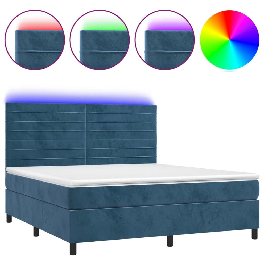 vidaXL Κρεβάτι Boxspring με Στρώμα & LED Σκ. Μπλε 180x200εκ. Βελούδινο