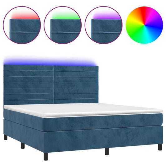 vidaXL Κρεβάτι Boxspring με Στρώμα & LED Σκ. Μπλε 180x200εκ. Βελούδινο
