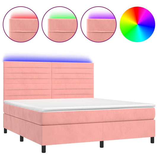vidaXL Κρεβάτι Boxspring με Στρώμα & LED Ροζ 180x200 εκ. Βελούδινο