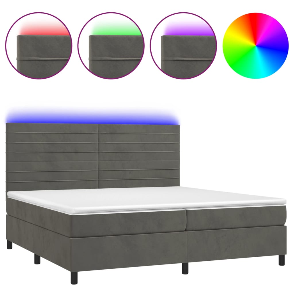 vidaXL Κρεβάτι Boxspring με Στρώμα & LED Σκ. Γκρι 200x200εκ. Βελούδινο