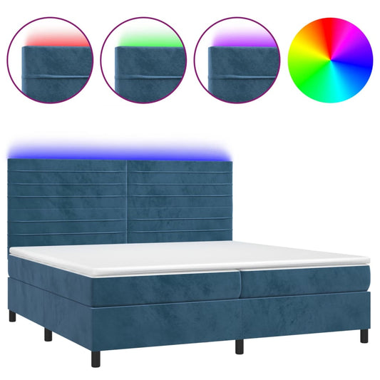 vidaXL Κρεβάτι Boxspring με Στρώμα & LED Σκ. Μπλε 200x200εκ. Βελούδινο