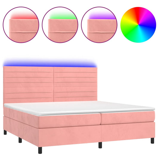vidaXL Κρεβάτι Boxspring με Στρώμα & LED Ροζ 200x200 εκ. Βελούδινο