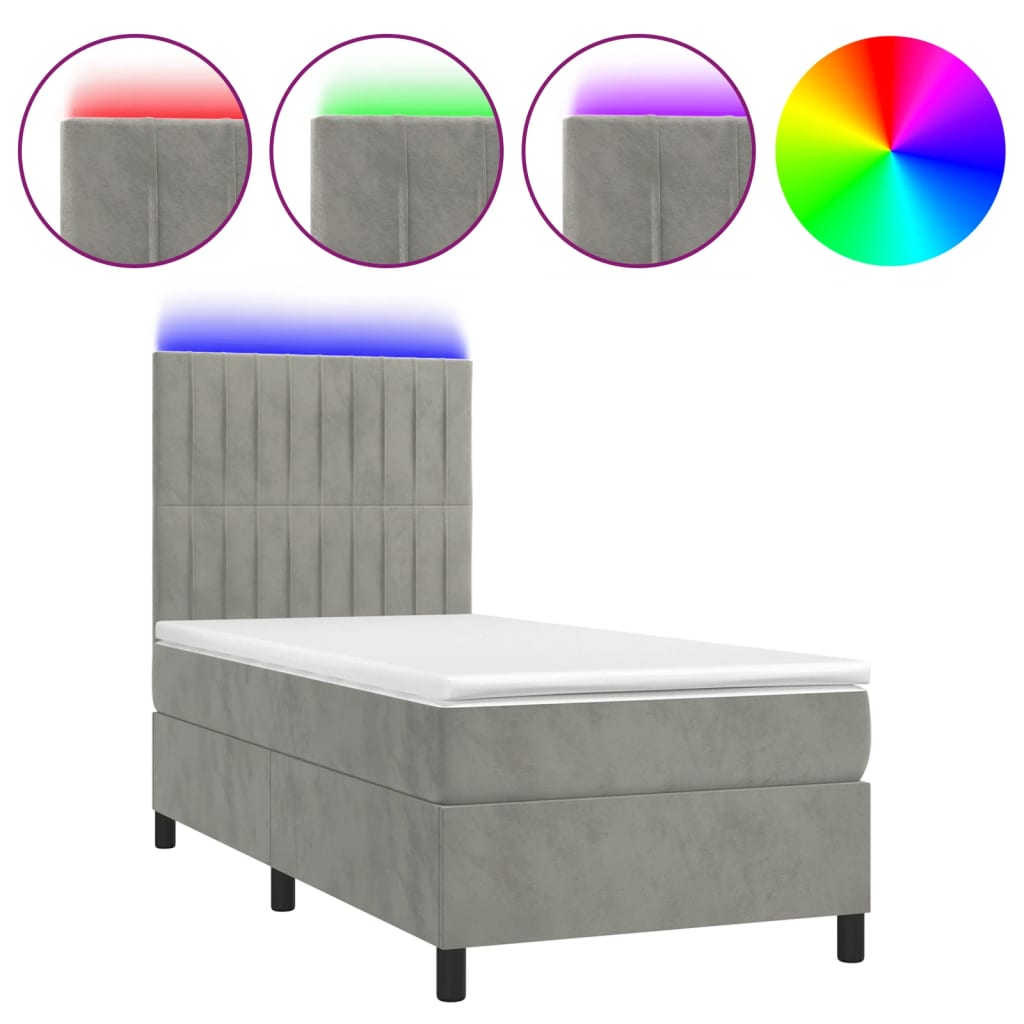 vidaXL Κρεβάτι Boxspring με Στρώμα & LED Αν.Γκρι 80x200 εκ. Βελούδινο