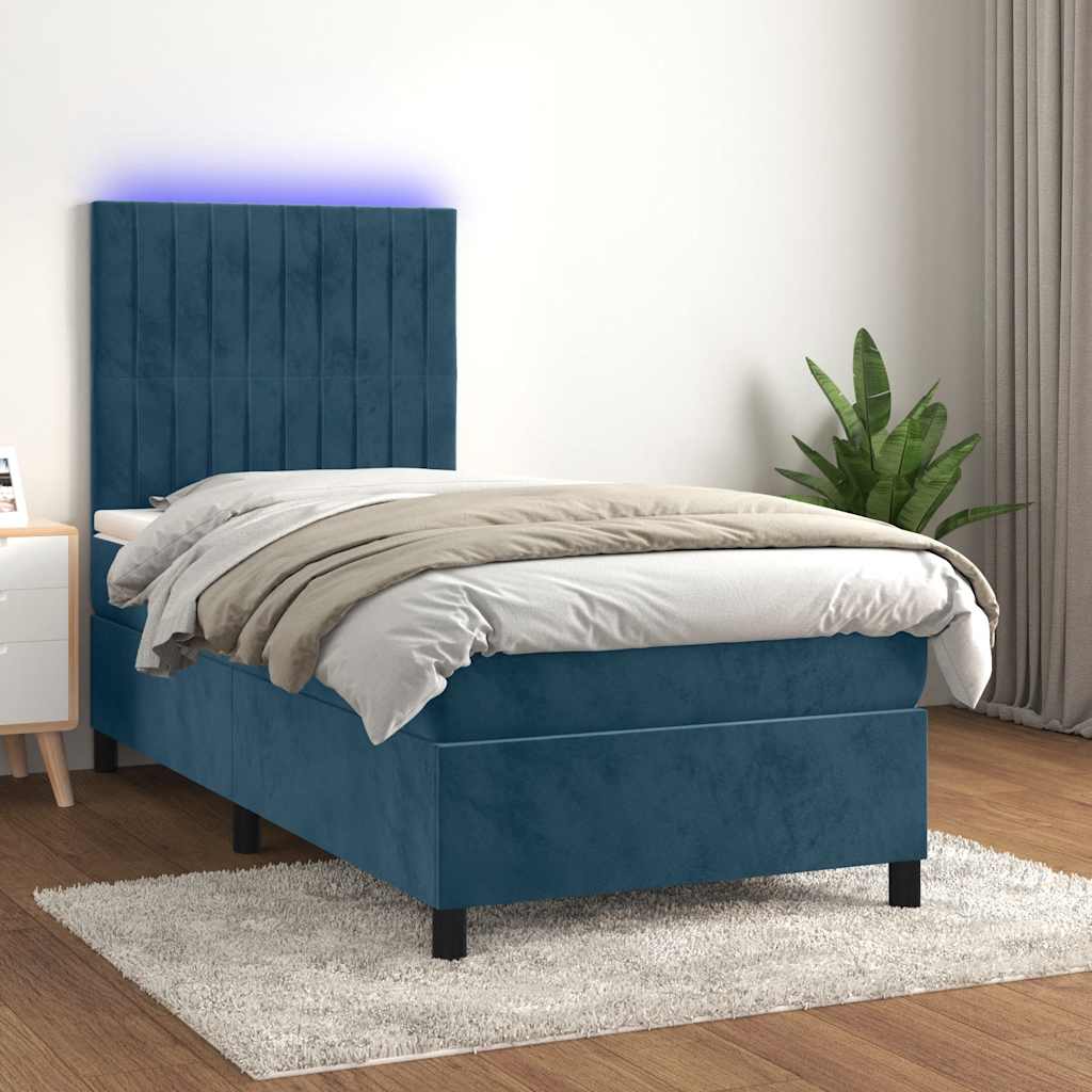 vidaXL Κρεβάτι Boxspring με Στρώμα & LED Σκ. Μπλε 80x200 εκ. Βελούδινο