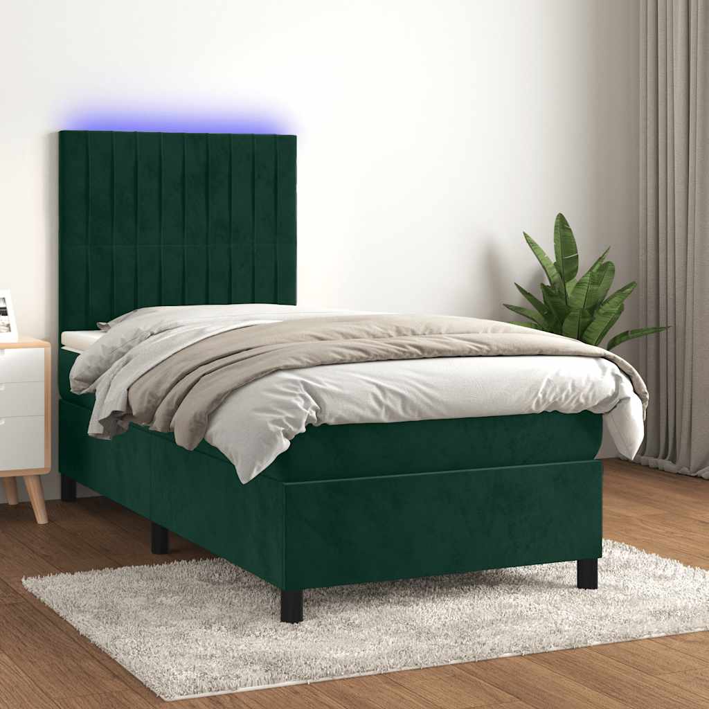 vidaXL Κρεβάτι Boxspring με Στρώμα & LED Σκ. Πράσινο 100x200εκ Βελούδο