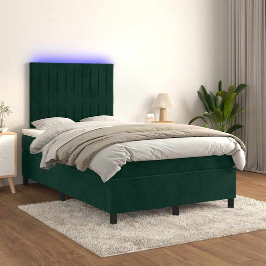 vidaXL Κρεβάτι Boxspring με Στρώμα & LED Σκ. Πράσινο 120x200εκ Βελούδο