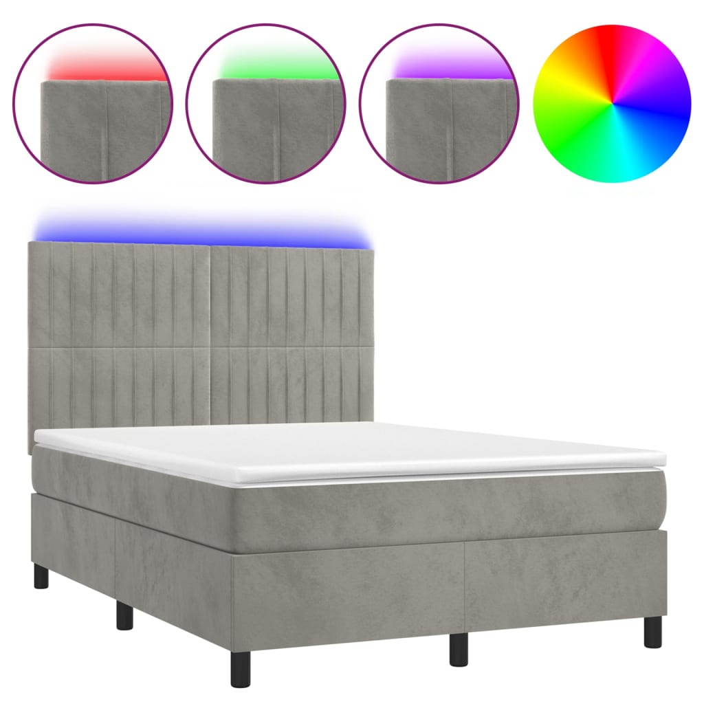 vidaXL Κρεβάτι Boxspring με Στρώμα&LED Αν. Γκρι 140x190 εκ. Βελούδινο