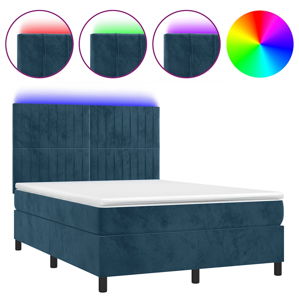 vidaXL Κρεβάτι Boxspring με Στρώμα & LED Σκ. Μπλε 140x190εκ. Βελούδινο